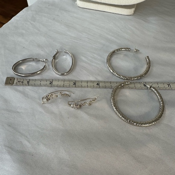 Three silvertone hoops and ear hugger - Picture 2 of 5